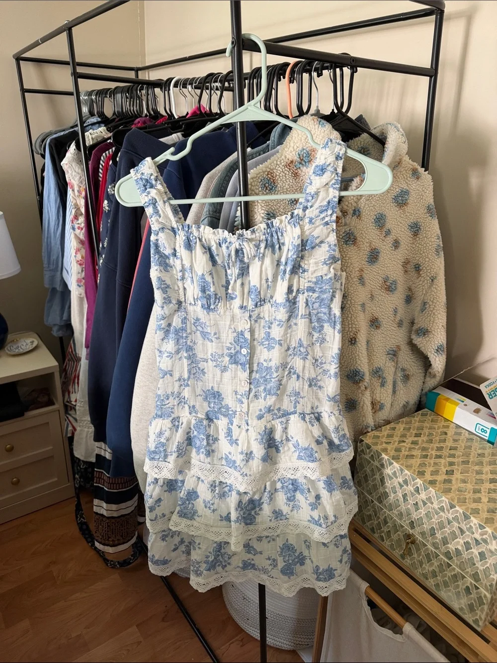 White and Blue Floral Smocked Mini Dress - Women's Summer Sundress